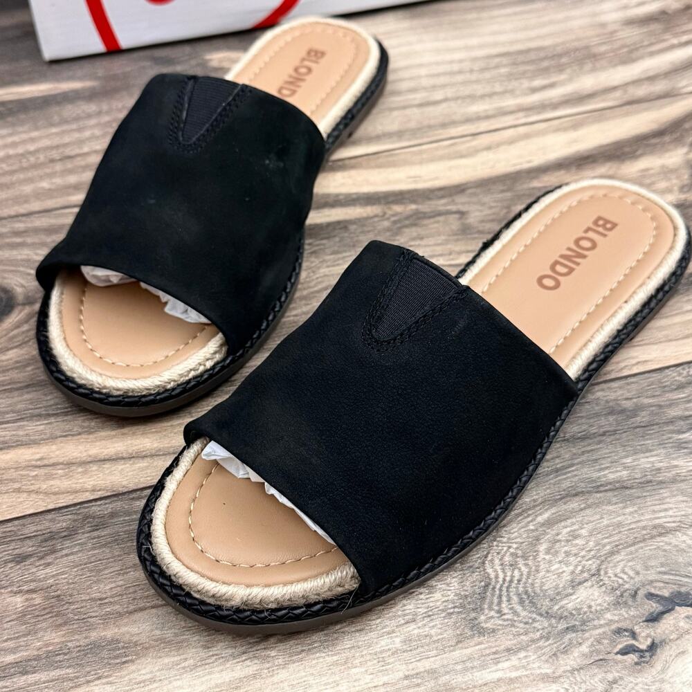 NIB Blondo 8.5M Waterproof Emilia Black Nubuck Slide Flat Sandals Jute Trim - Picture 1 of 12